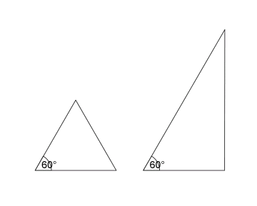 Trekanten til venstre er likesidet og har 60 graders vinkler. Trekanten til høyre er rettvinklet og har en vinkel på 60 grader.
